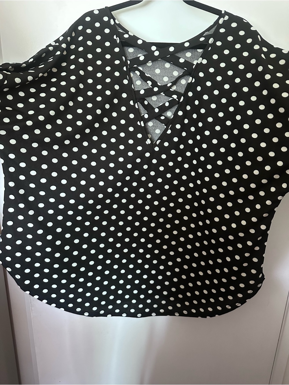 SHEIN Black and White Polka Dot Lattice V-Neck Blouse